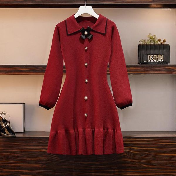 Plus Size Cute Knitting Women Mini Dress Abiti a vita alta Vino rosso 7269 Casual