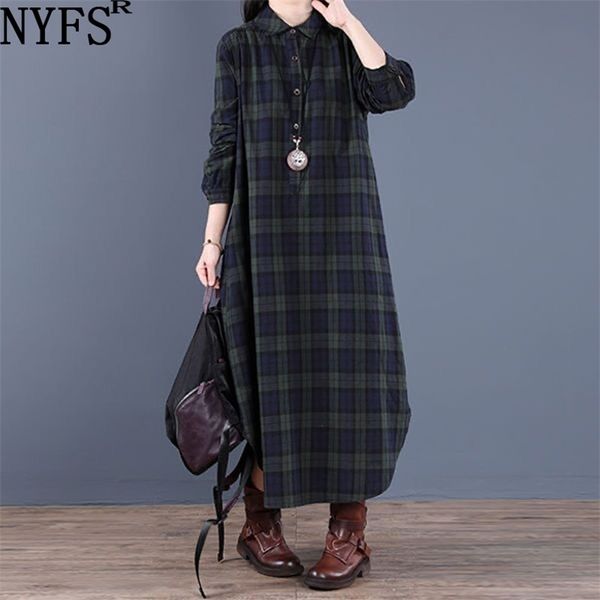 

nyfs spring autumn shirt dress vintage loose cotton long dress vestidos robe d ete femme literary plaid woman dress 220504, Black;gray