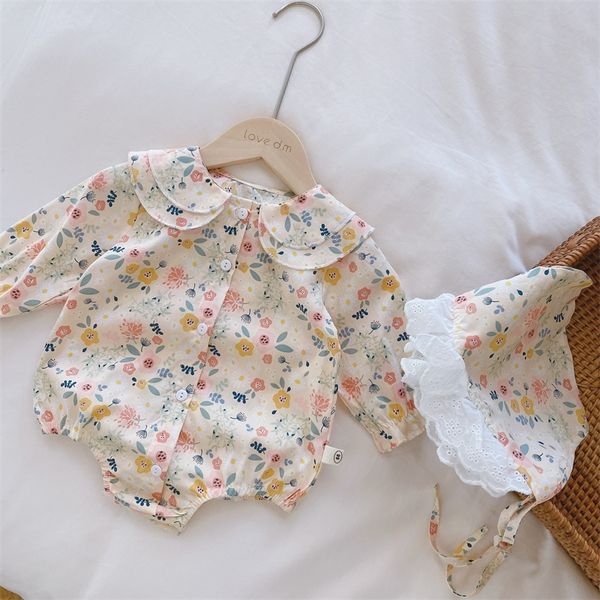 

infant baby girls autumn full sleeve flower peter pan collar bodysuits flower born jumpsuits toddler clothes gift hat 3m3y 220707, Blue