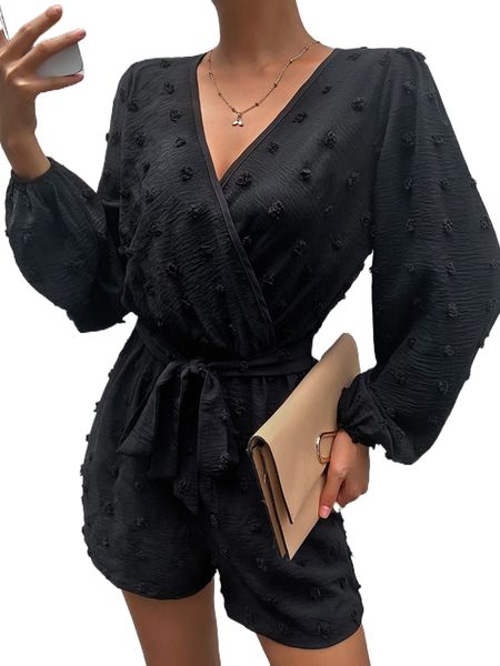 

swiss dot lantern sleeve belted romper 25xx#, Black;white