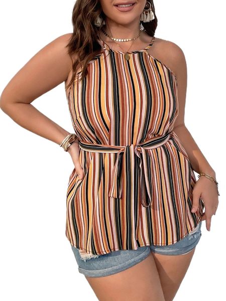 

plus block striped tie back belted halter 018u#, Black