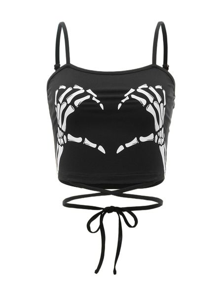 

skull print tie back crop cami b3pb#, White