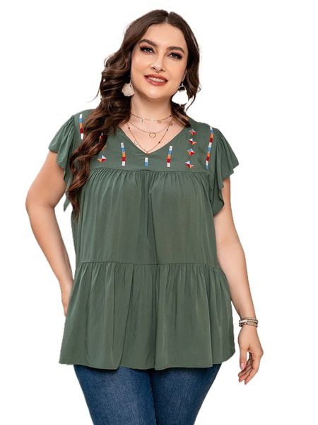 

plus geo embroidery butterfly sleeve peplum blouse i48a#, Black