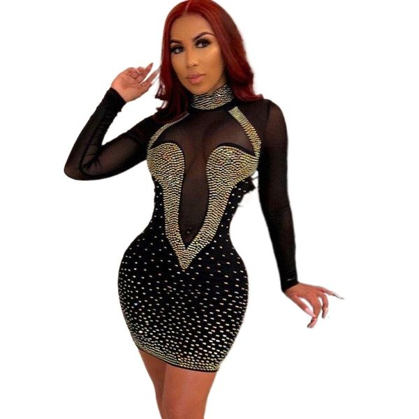 

casual dresses women ladies long sleeve solid turtleneck skinny stretchby rhinestone crystal bodycon dress lady party club p5ll#, Black;gray