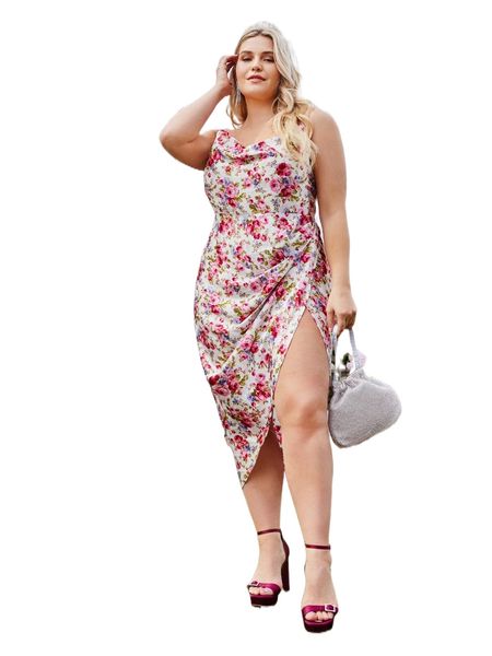 

plus floral print draped ruched side split thigh cami dress 800y#, Black