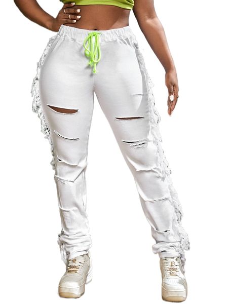 

sxy drawstring waist ripped fringe trim jeans l2cb#, Blue