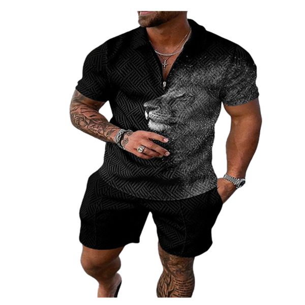 

fashion print casual tracksuits for mens short sleeve slim fit zipper lapel polos t-shirt and sports shorts 2 piece sets tzxg-7, Gray