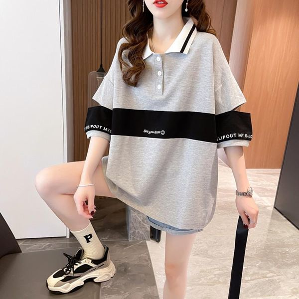 

women's polos #0817 grey white spliced color shirts for women buttons short sleeve shirt loose holes embroidery women's shirtwomen