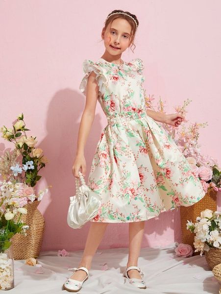 

girls floral print butterfly sleeve & skirt she, White