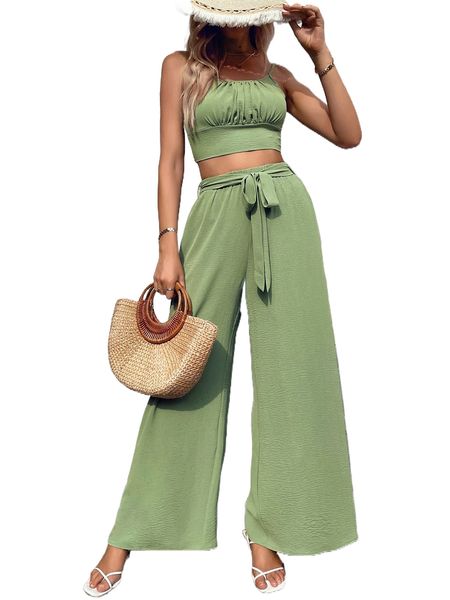 

ruched bust shirred cami & belted pants n5lq#, White