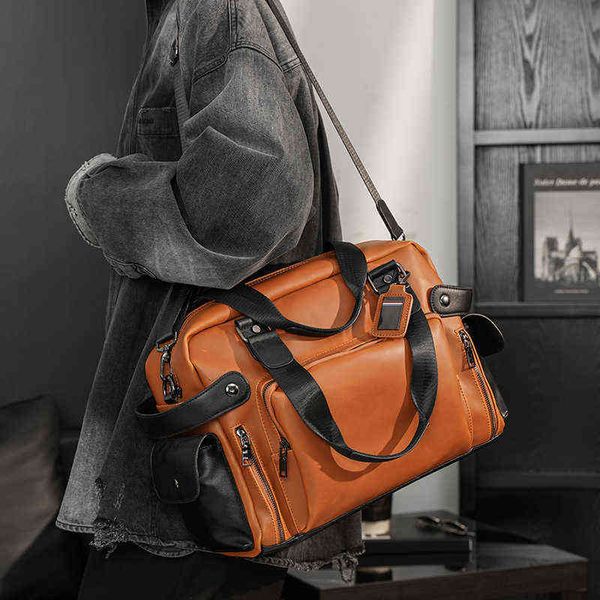 

luxury business handbag men tote travel bags fitness leather 14 inches lapshoulder bag for male brown man briefcase 220626
