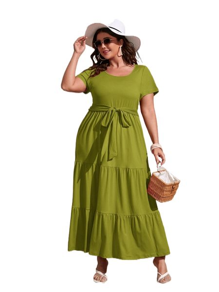 

plus ruffle hem belted dress h1os#, Black