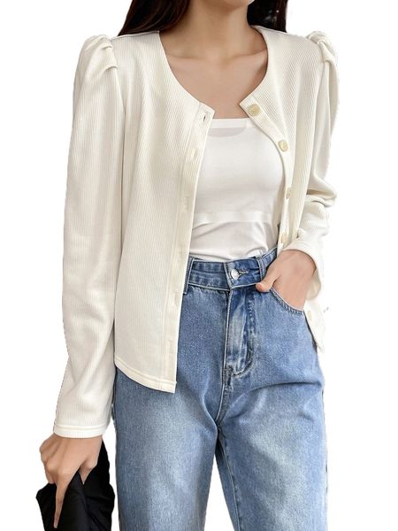 

dazy puff sleeve button up tee t66l#, White