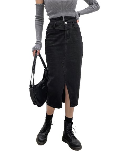 

dazy split hem denim skirt q470#, Black