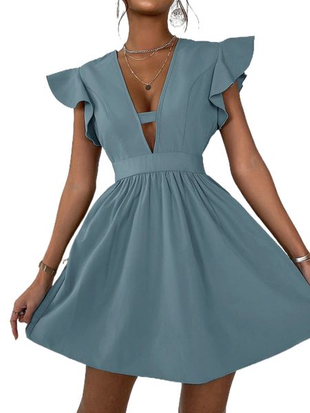 

plunge neck flutter sleeve dress 58nl#, Black;gray