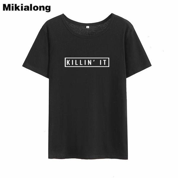 

mikialong killin it harajukut t shirt women summer cotton tumblr camisetas mujer black printed basic t-shirt, White