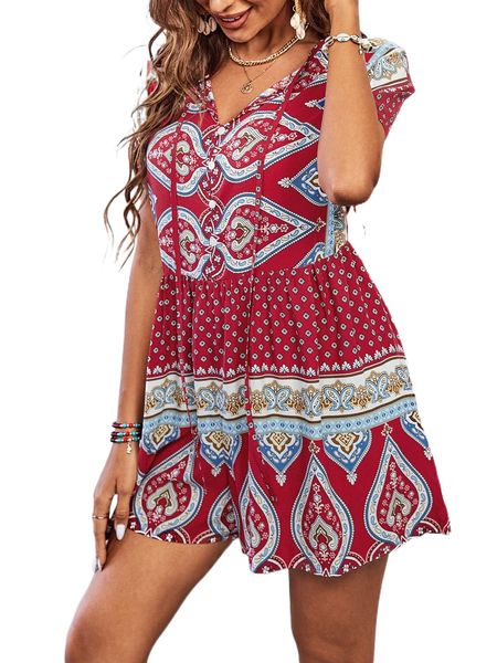 

paisley print button front romper l25h#, Black;white