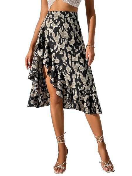 

tall allover print ruffle asymmetrical hem skirt j4v0#, Black
