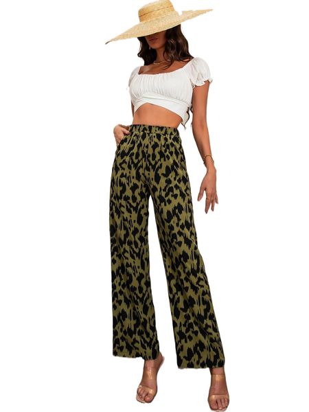 

allover print slant pockets wide leg pants j0yn#, Black;white
