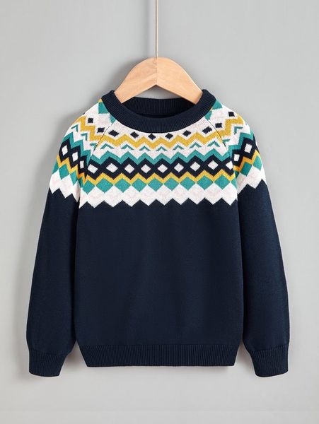 

toddler boys geo pattern raglan sleeve sweater she01, Blue