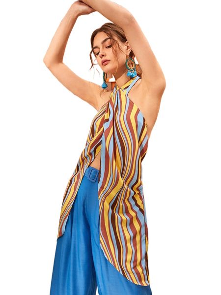 

halter neck striped wrap backless tank z3ap#, White