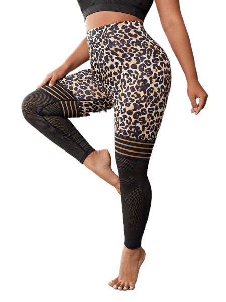 

plus four-way stretch leopard mesh panel sports leggings d6jm#, Black