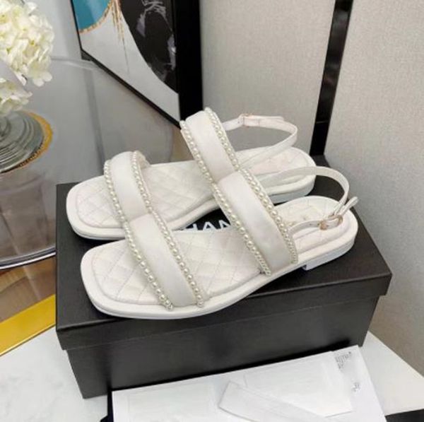 

women's new sandals pearl buckle flat sandals slippers, Black