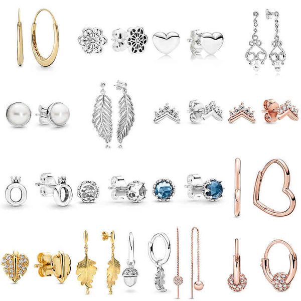 

2019 new 100% 925 sterling silver rose gold polished crown o clear sparkling crown stud earring fit diy women original jewelry aa220315, Golden;silver