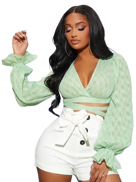 

sxy geo jacquard flounce sleeve lace up back blouse b44q#, White
