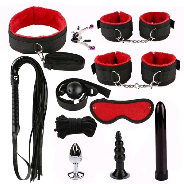 ruswi 811-teiliges Sexspielzeug für Paare, Nylon, BDSM-Sex-Bondage-Set, Lederpeitsche, Handschellen, Metallschwanz, Analplug, Vibrator, Sexprodukte, 220817