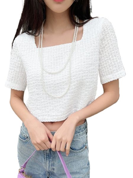 

dazy square neck textured crop blouse f9gf#, White