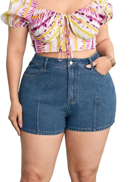 

plus slant pocket button front denim shorts h0xl#, White;black
