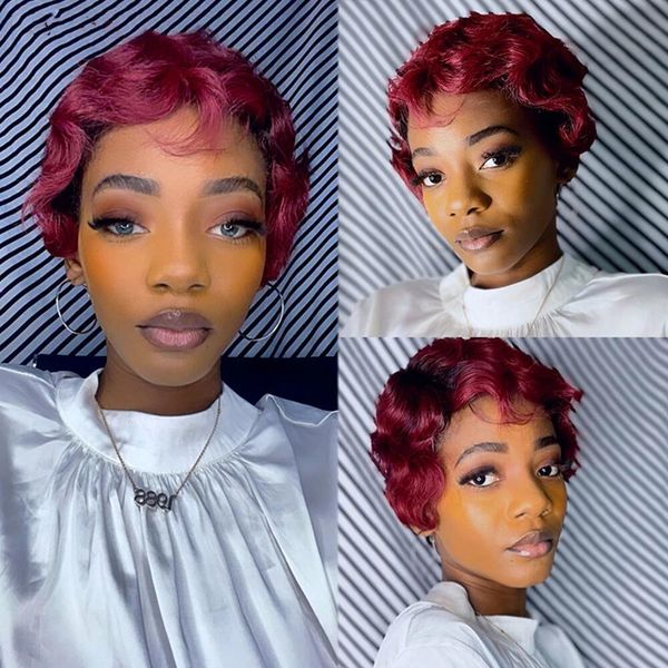 

machine made pixie cut finger wave glueless bob wigs for black women #1b #2 #4 #27 #30 #99j ocean wave short indian human hair wig, Black;brown