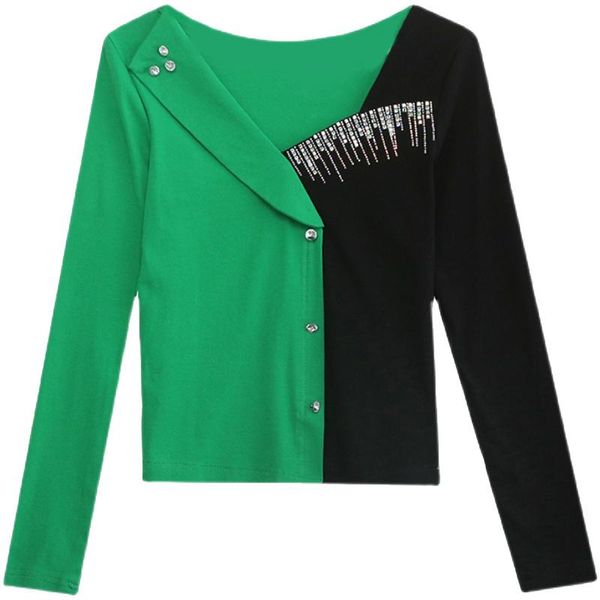 

women's t-shirt #8653 autumn spliced color long sleeve t shirt women square collar skinny femme diamonds korean fashion, White