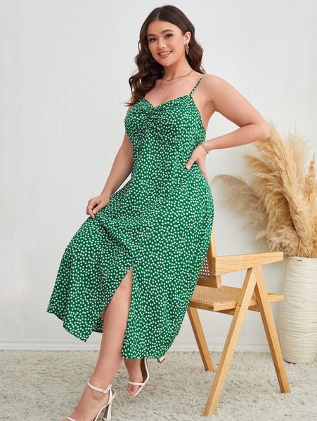 

plus ditsy floral print ruched split hem cami dress y9s0#, Black