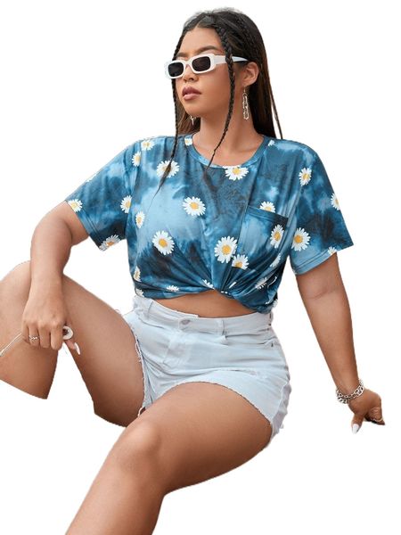 

plus tie dye floral print patched pocket tee u5bj#, Black