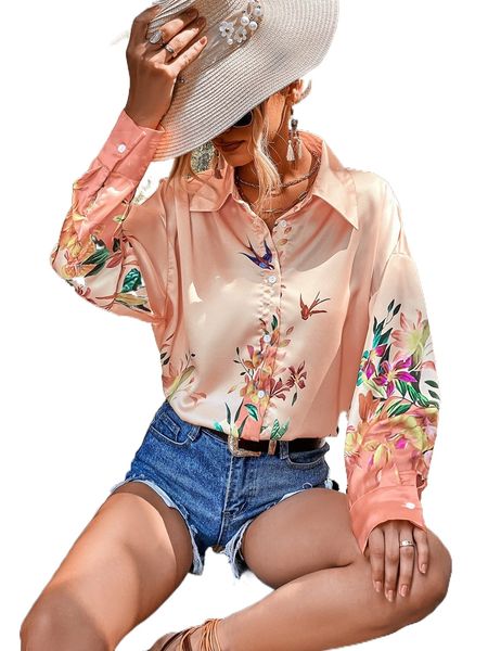 

floral print drop shoulder blouse u76a#, White