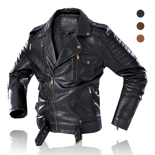 

men trendy fashion motorcycle jacket men vintage biker leather jacket coat winter fleece casual faux leather outerwear 201128, Black