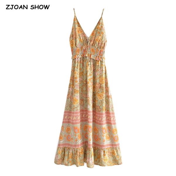 2022 Bohemia Orange Blumendruck Spaghettiträgerkleid BOHO Frau Schnürung V-Ausschnitt Taille Sling Midi Lange rückenfreie Urlaubsrobe 220511