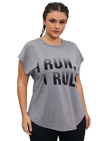 

plus slogan graphic batwing sleeve sports tee x9ey#, Black