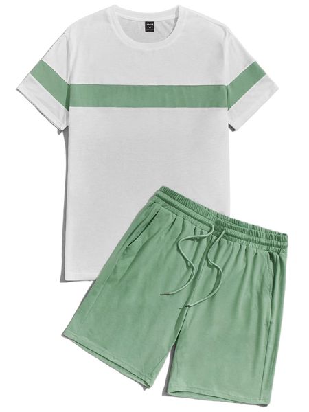 

men drop shoulder colorblock tee & drawstring waist track shorts h0py#, Gray