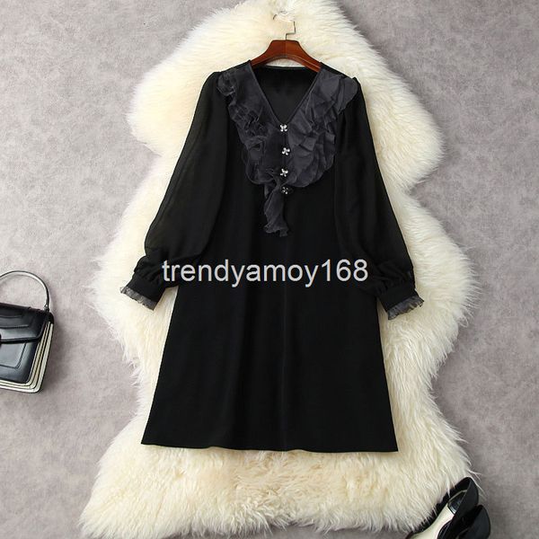 

casual dresses spring women's organza v-neck ruffle large size meat covered small black skirt acetate a-line dress a2016, Black;gray