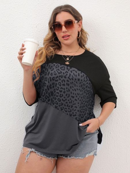 

plus leopard color block drop shoulder tee z109#, Black