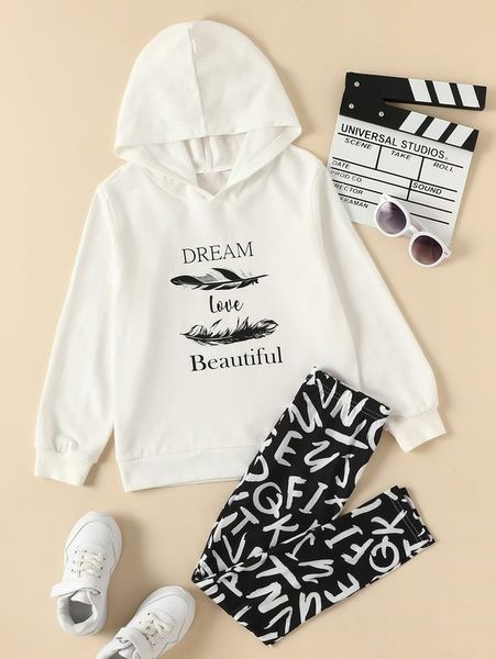 

girls letter and feather print hoodie & letter graphic leggings she, White