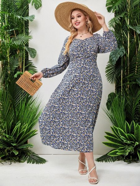 

plus ditsy floral sweetheart neck lantern sleeve dress x74b#, Black