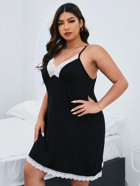 

plus contrast lace cami night dress b7gj#, Black;white