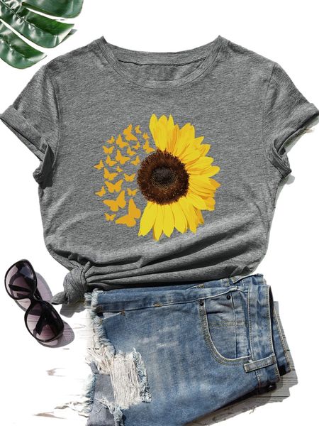 

sunflower & butterfly print tee k70b#, White