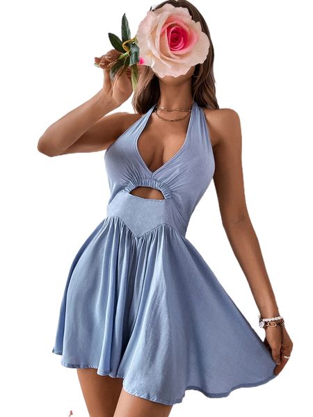 

cut out ruched tie backless halter romper u23g#, Black;white