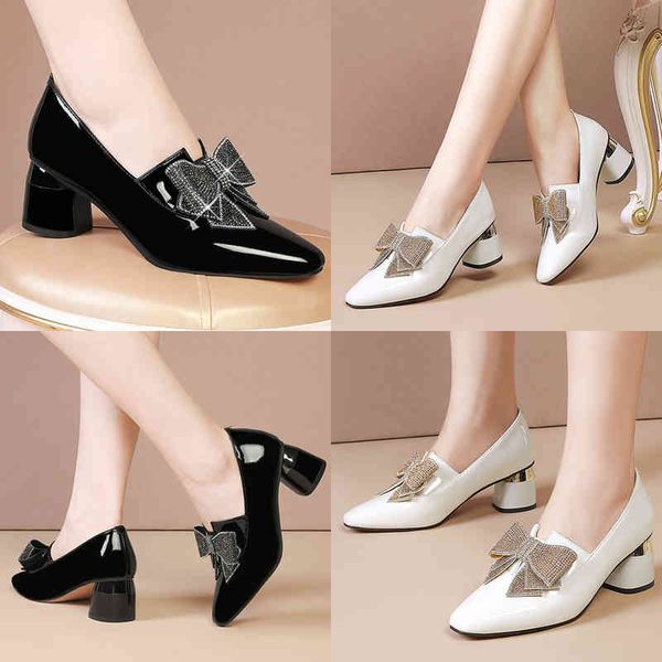 

dress shoes lucyever crystal bow patent leathe pompen vrouwen 2022 wees teen slip op dikke hakken vrouw ondiepe mond office party schoenen m, Black