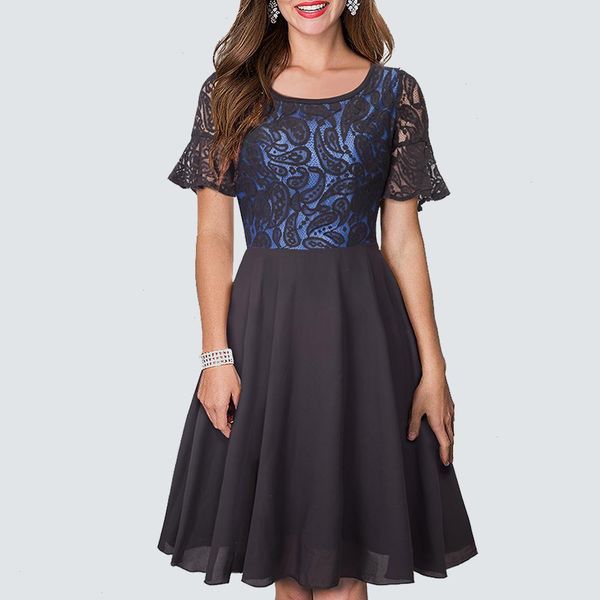 

women retro o neck dresses chiffon swing party classic paisley lace patchwork black a line dress 1ha052, Black;gray
